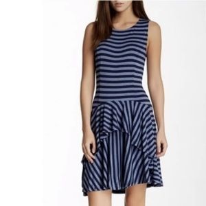 Anthro ELLA MOSS Alexa Peplum Dress Navy Blue Striped Jersey Knit Stretch
